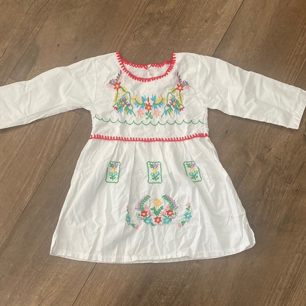 White Embroidered Long-Sleeve Girls Dress with Multicolor Floral Stitching